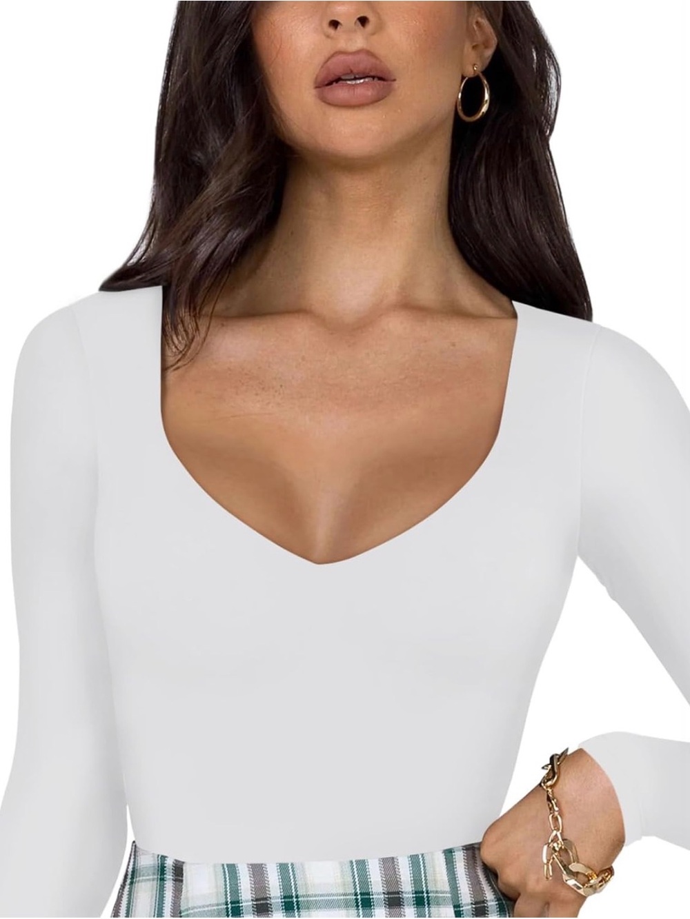 Double-lined Long Sleeve Square Neck Light Compression Bodysuit Top in White